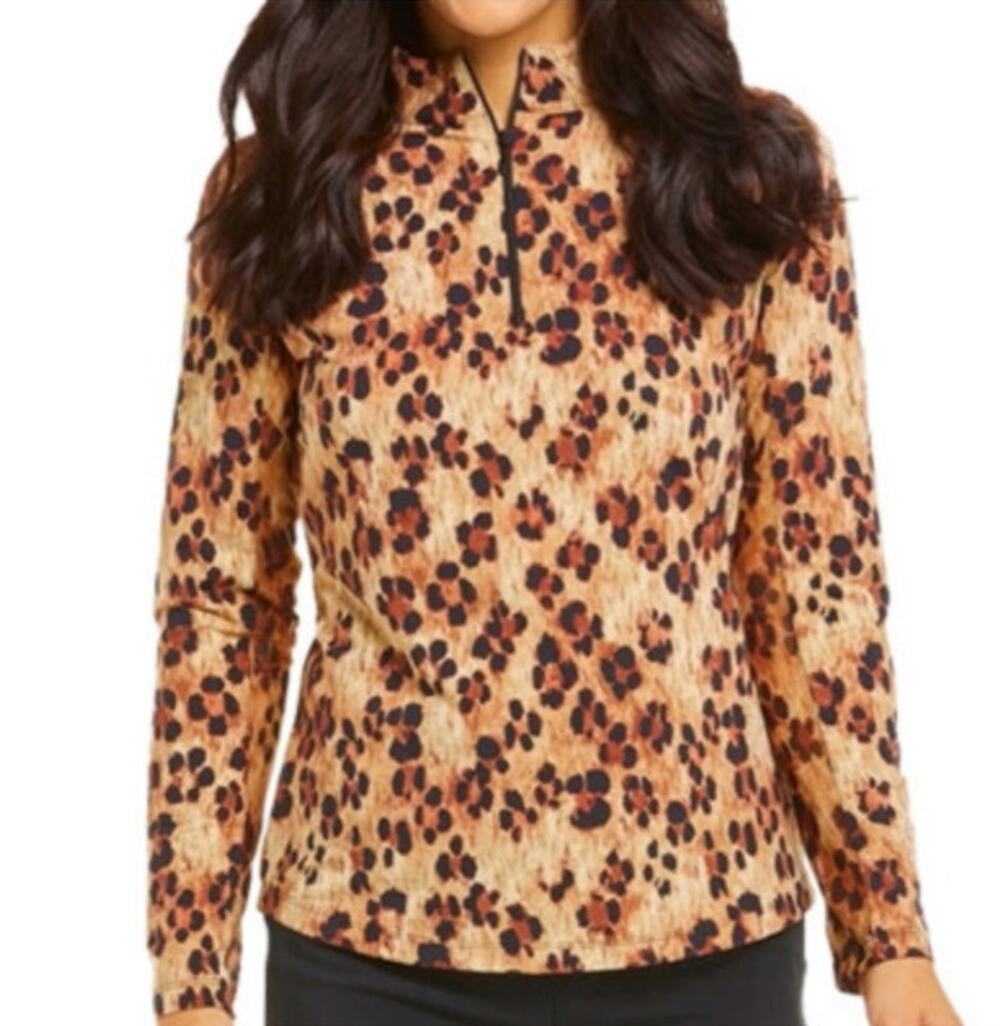 IBKUL Leopard Print UPF 50+ Zip Mock Neck Golf Top Women’s Small Brown